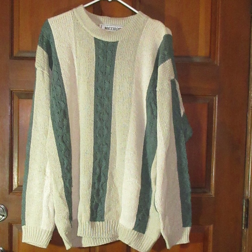 Large Men's Cream Green Silk Knit Sweater